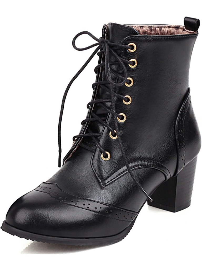 Women's Black Casual Brogue Lace Up Block Heel Round Toe Combat Ankle Boots